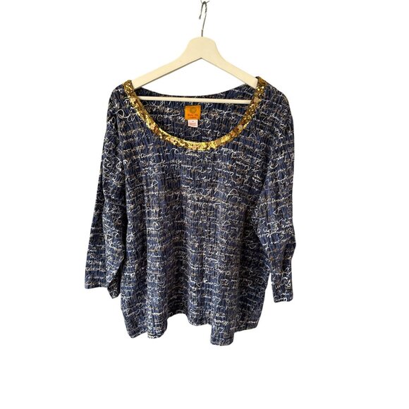 Ruby Rd Sequin Script Top Plus Size 3X Blue Gold Embellished Blouse 3/4 Sleeve - Picture 1 of 8